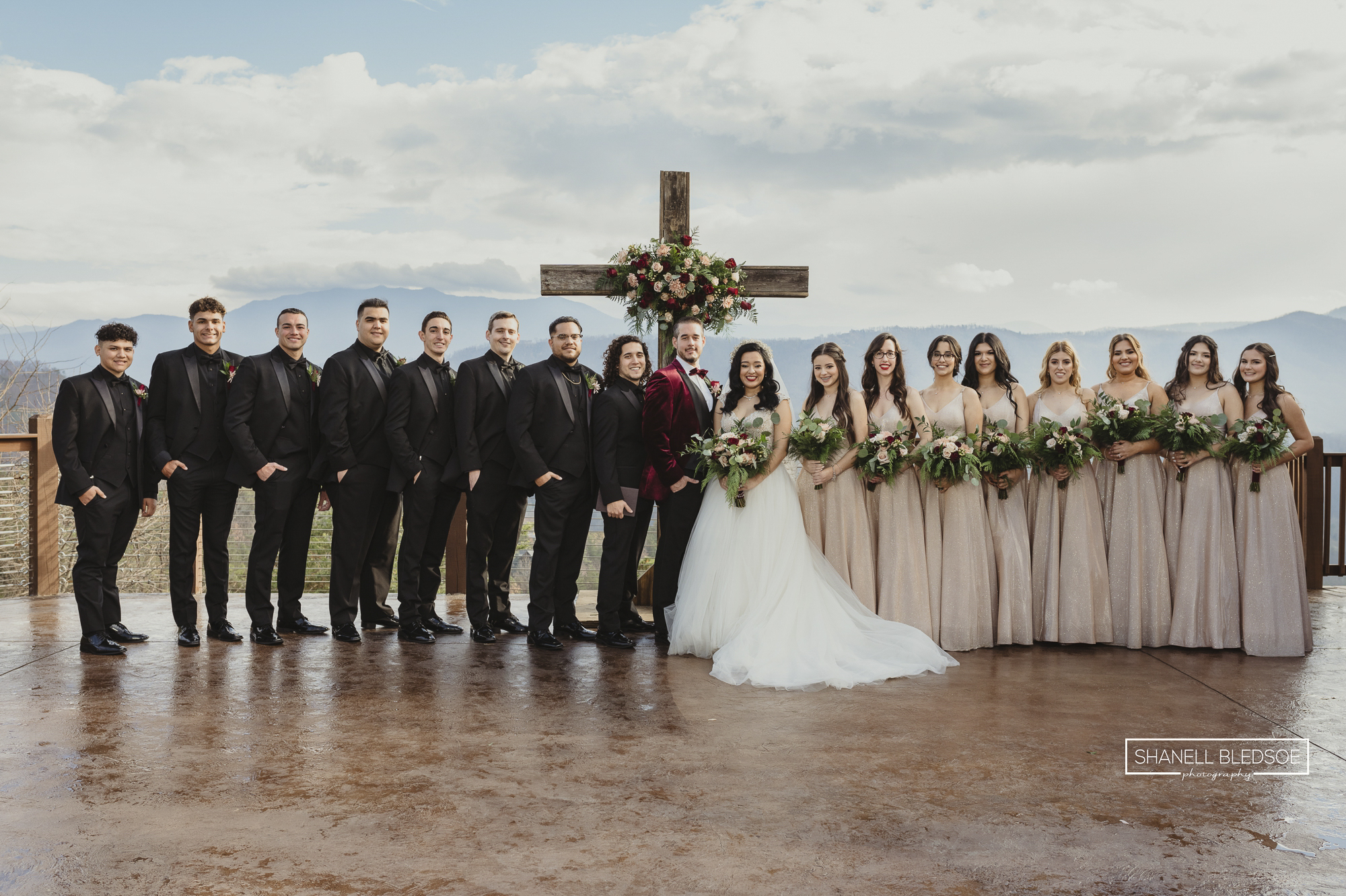 outdoor winter wedding party in neutral colors