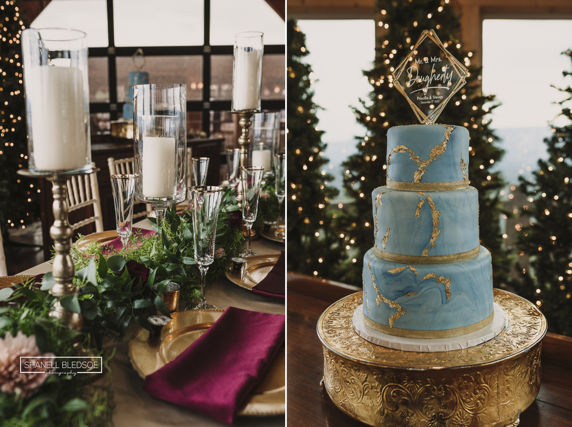 blue and gold Christmas wedding cake