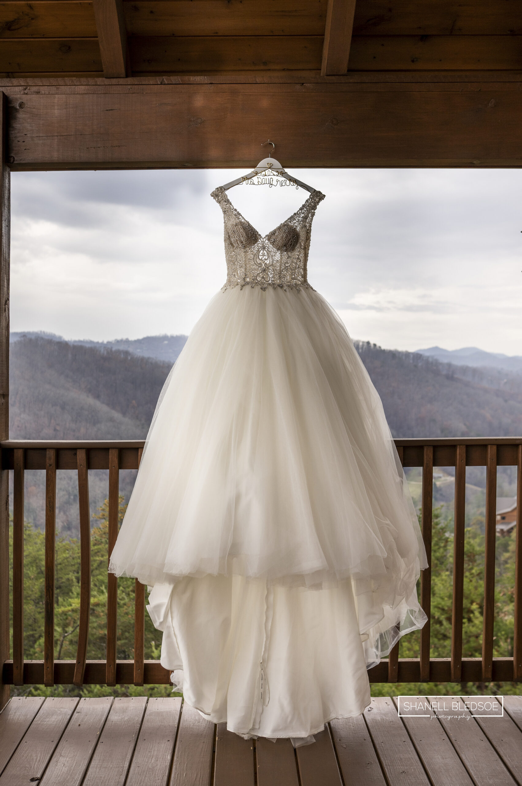 wedding dress with smoky mountain background