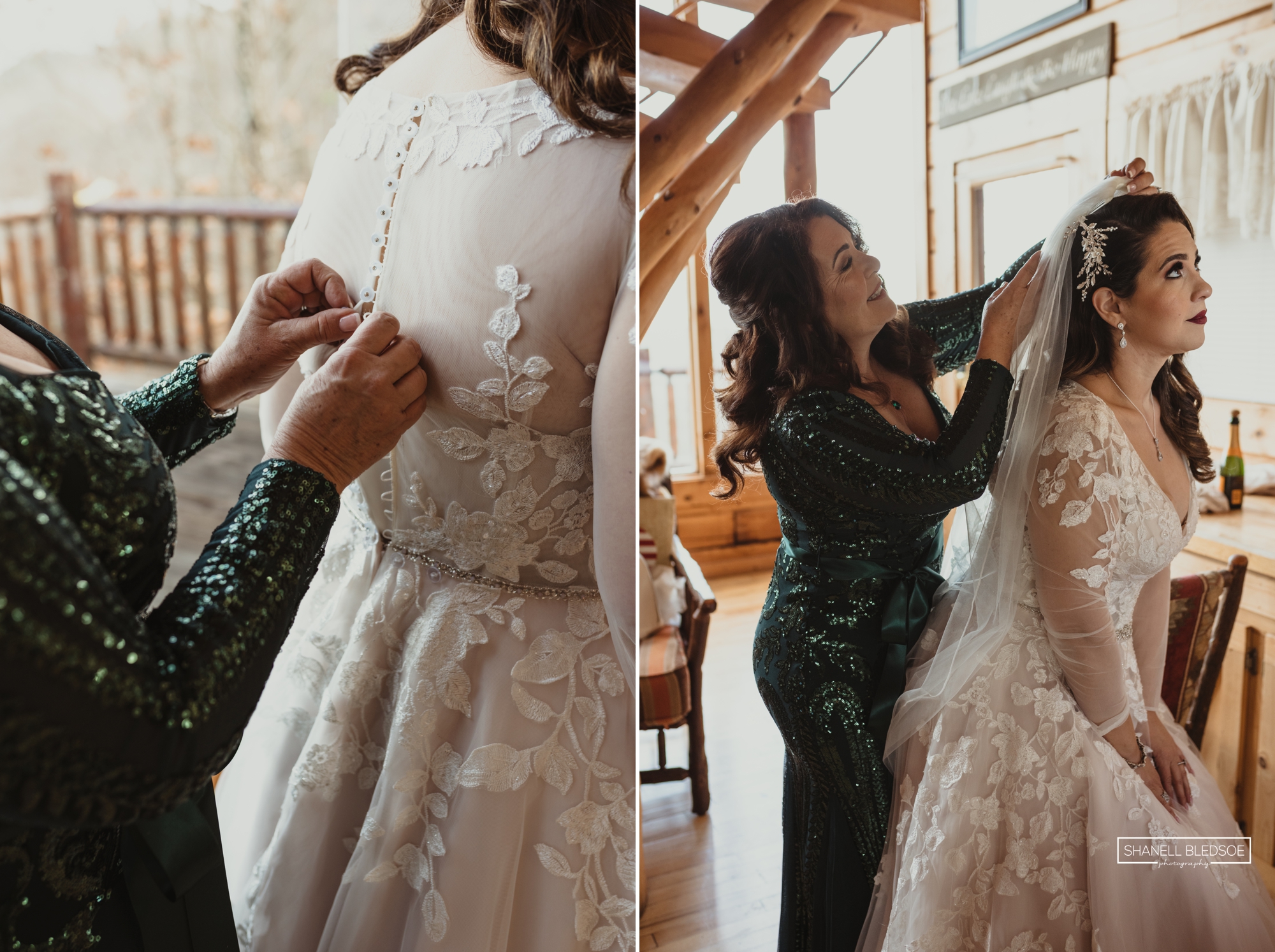 mother helping bride with dress