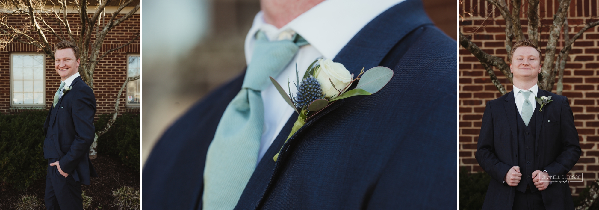 cobalt suit and green tie on groom