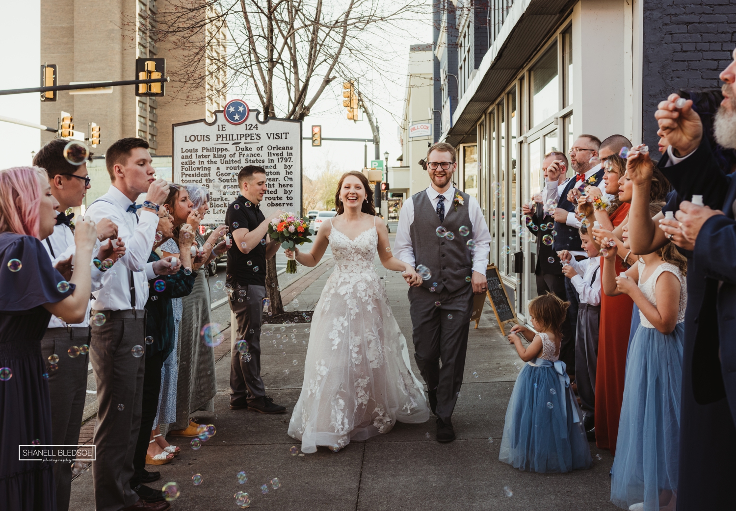 downtown Maryville wedding bubble exit on the street